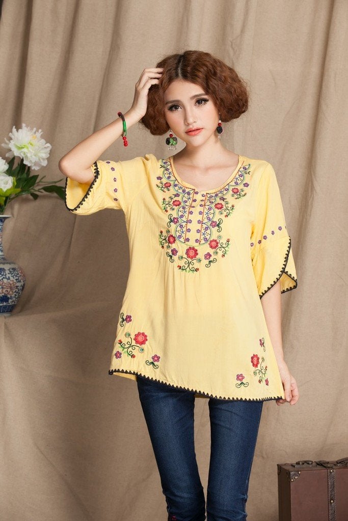 Ashir Aley Bell Sleeve Womens Girls Embroidered Cotton Peasant Tops Mexican Bohemian Shirts Blouses (L,Yellow) - Image 2